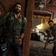 The Last of Us video game characters Ellie and Joel hide as another character hunts for them with a gun drawn.